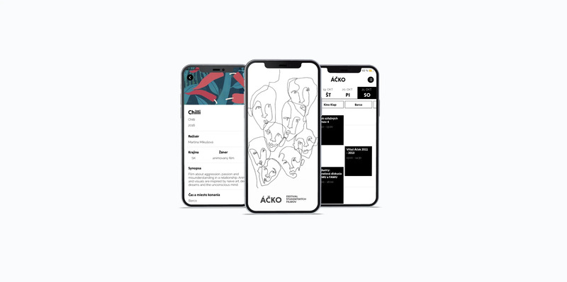 Festival Áčko mockup of three mobiles displaying app screenshots