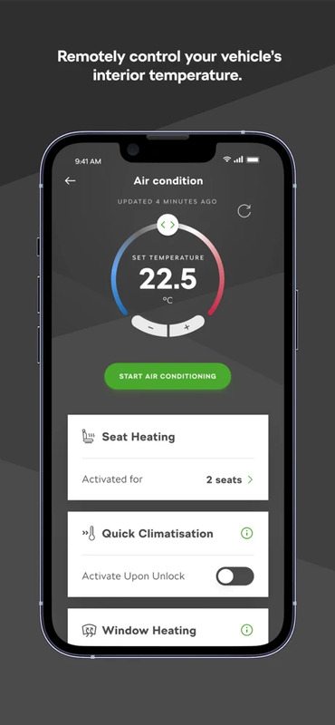 Mobile mockup displaying the MyŠKODA app inside temperature settings screen
