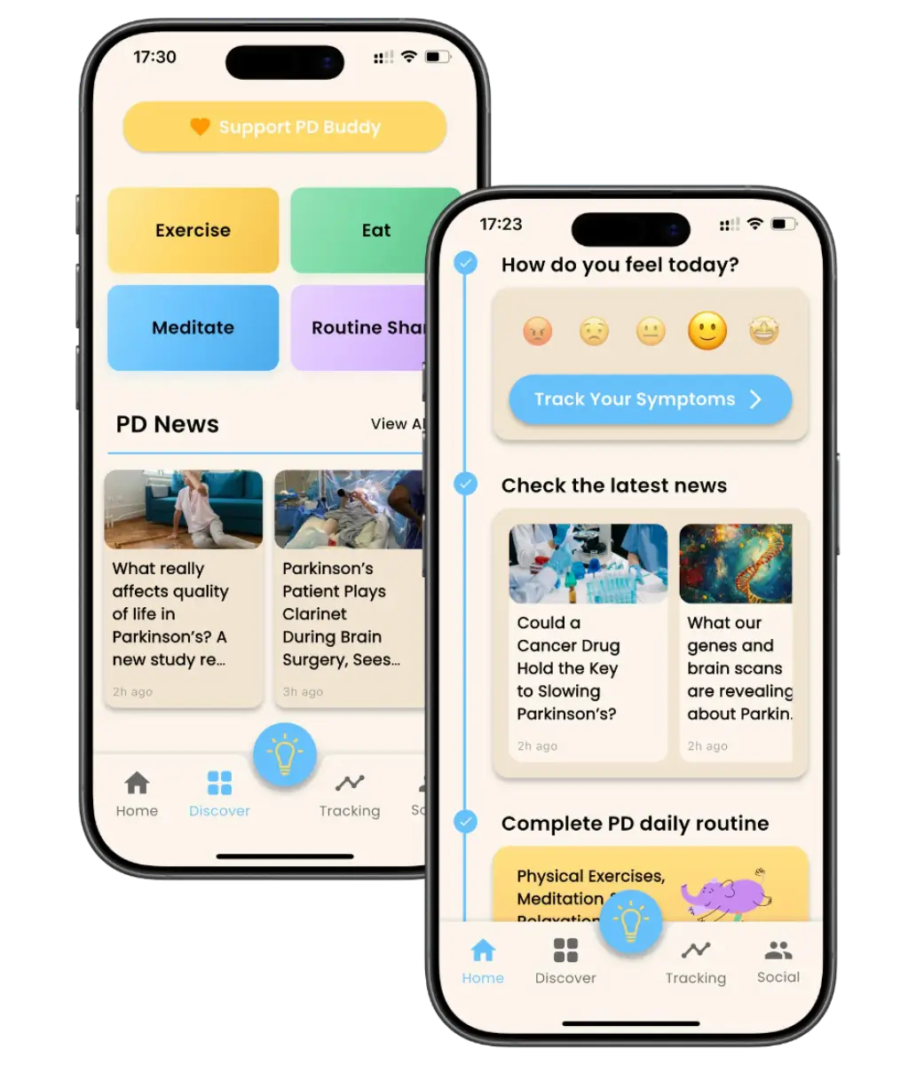 PD Buddy app on two phones: the Discover screen with Exercise, Eat, Meditate and Routine tiles plus PD News, and the Home screen asking “How do you feel today?” with symptom tracking