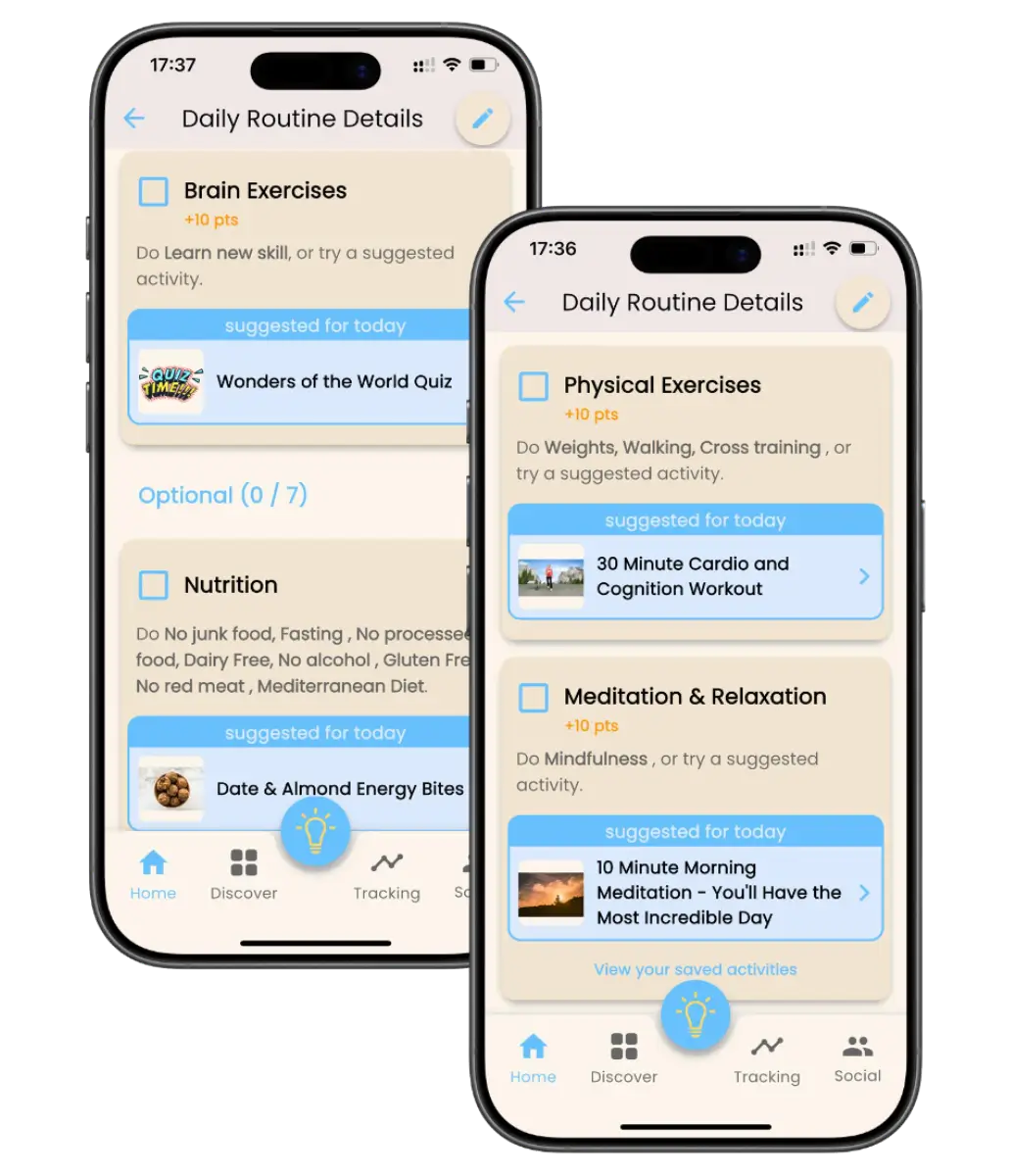 PD Buddy daily routine details on two phones: physical exercises, meditation and relaxation, brain exercises and nutrition tasks with suggested activities for today