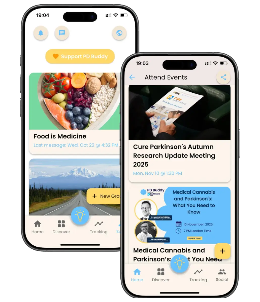 PD Buddy community on two phones: social groups such as “Food is Medicine” and an Attend Events list with Parkinson’s research meetings and webinars
