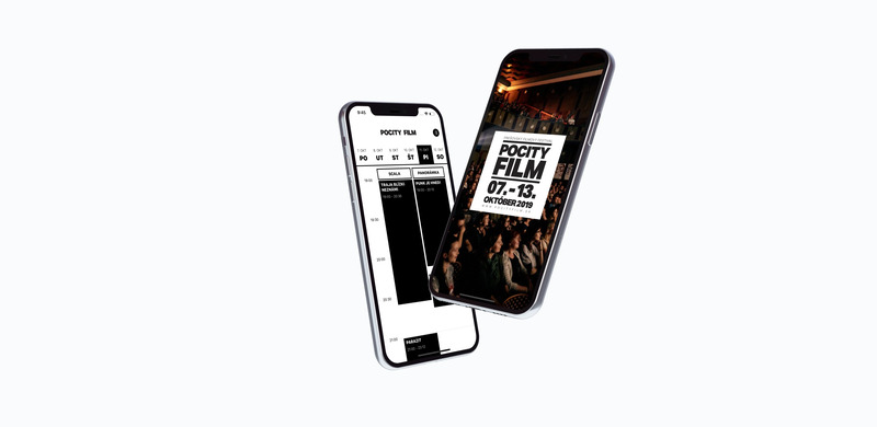 Mobile mockup displaying the Pocity Film Festival app programme and splash screens