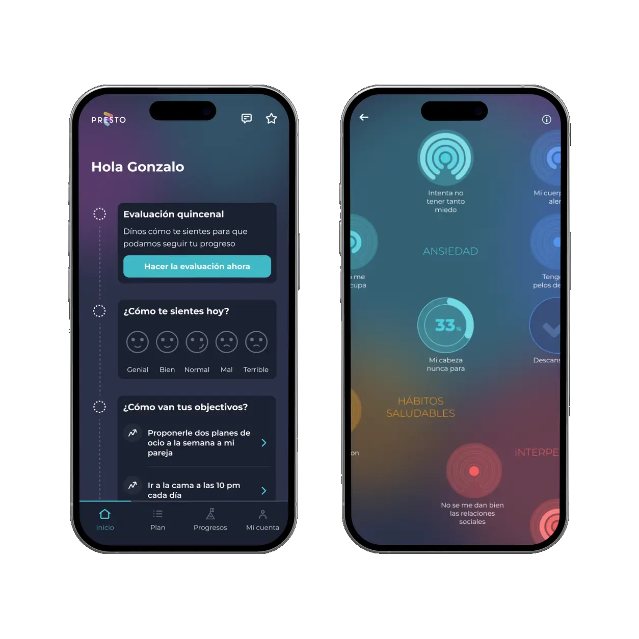 PRESTO app on two phones: the home screen greeting the user with a fortnightly assessment, daily mood faces and personal goals, and the interactive map of concerns grouped into anxiety, healthy habits and relationships