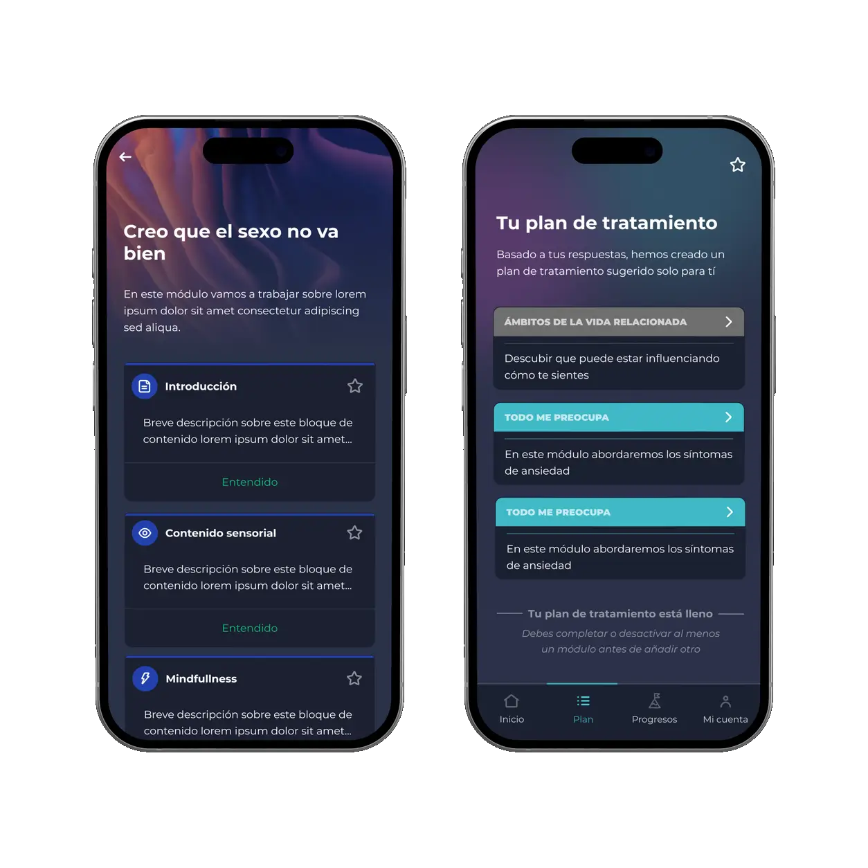 PRESTO app on two phones: a treatment module on sexual wellbeing with introduction, sensory content and mindfulness blocks, and the personalised treatment plan listing modules to complete