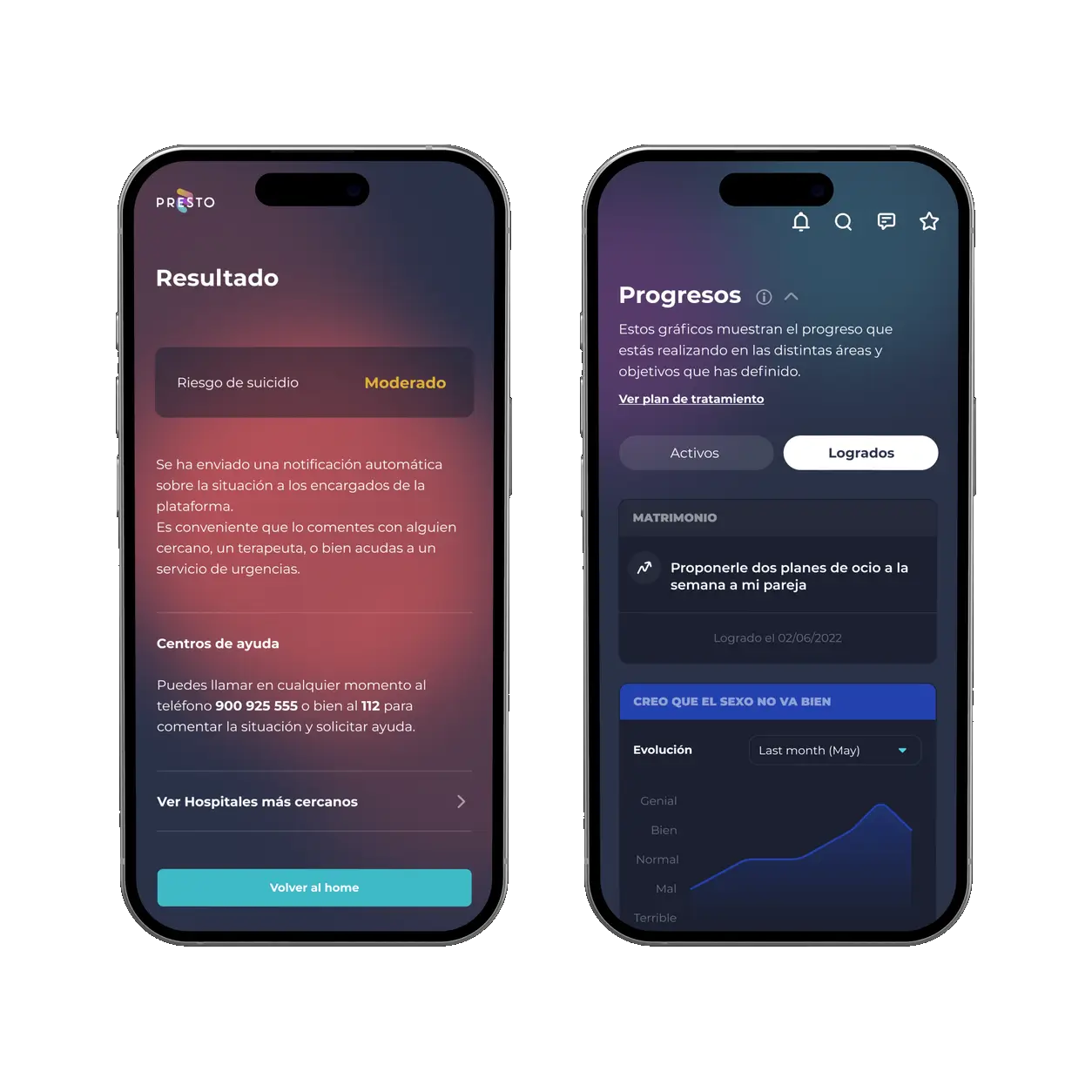 PRESTO app on two phones: an assessment result flagging moderate suicide risk with helpline numbers and nearby hospitals, and the progress screen with achieved goals and a mood evolution chart