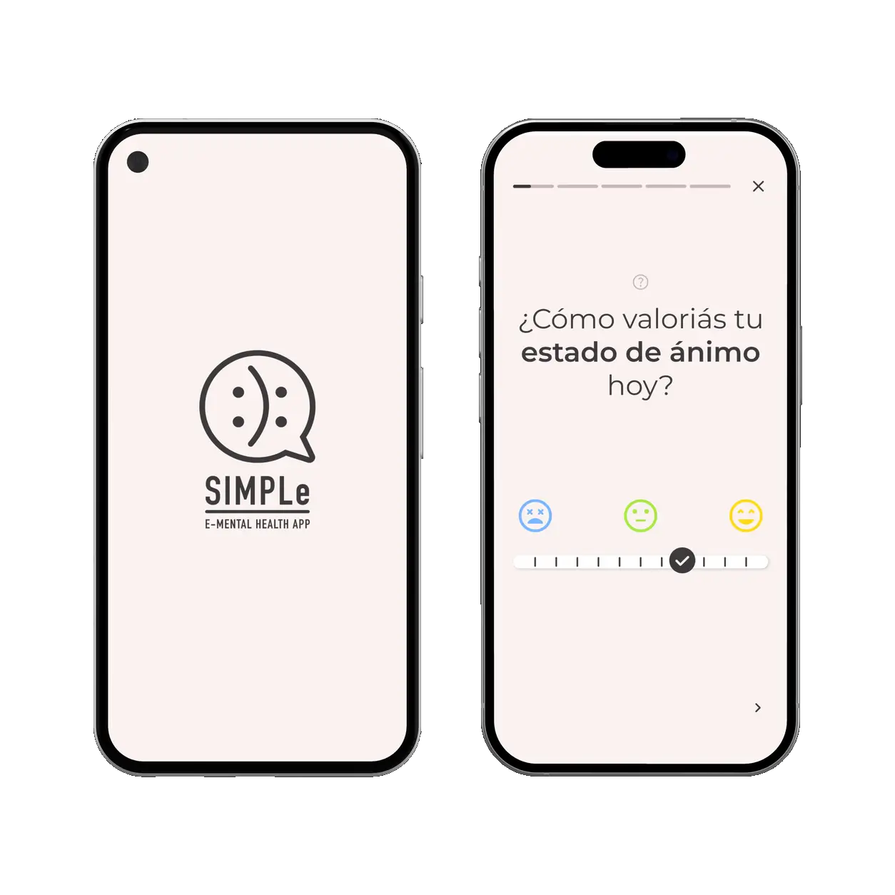 SIMPLe app on two phones: the splash screen with the SIMPLe e-mental health logo and the daily mood check-in slider asking how you rate your mood today