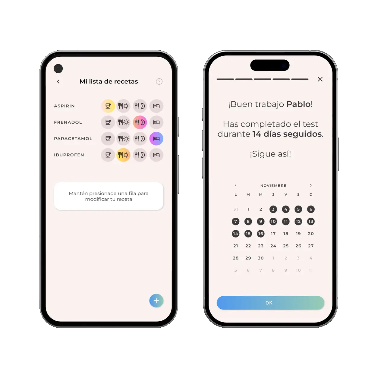 SIMPLe app on two phones: the medication list with morning, midday, evening and night doses for each prescription, and a calendar congratulating the user on a 14-day streak