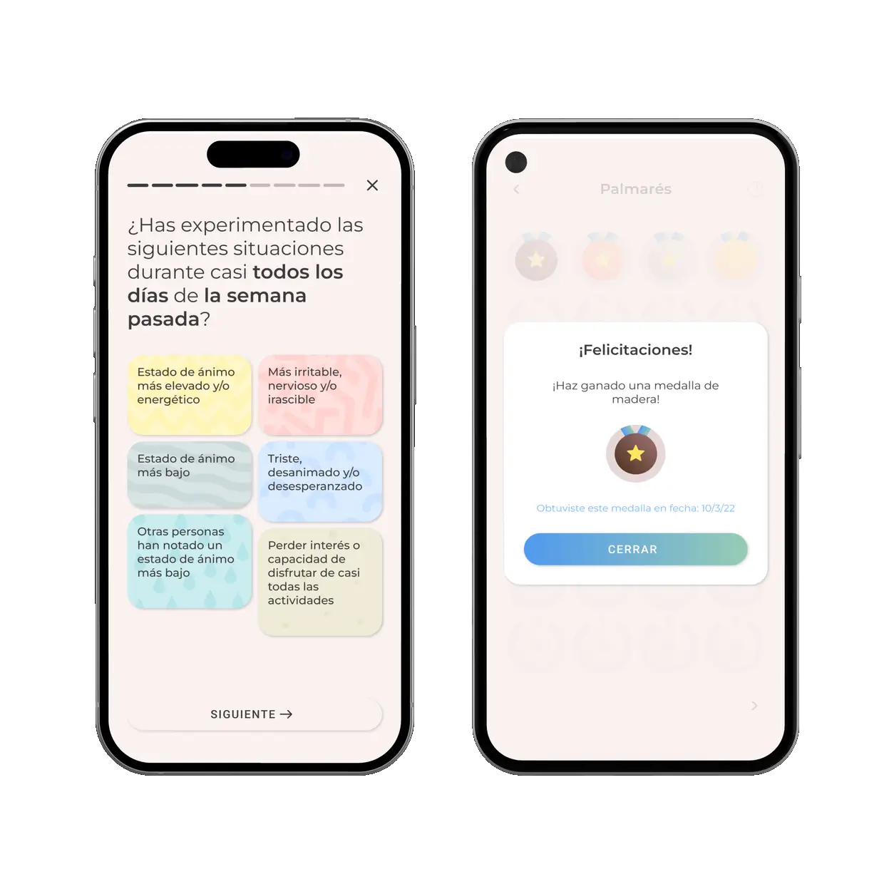 SIMPLe app on two phones: a weekly symptoms questionnaire with colourful answer tiles, and the Palmarés trophy screen awarding a wooden medal