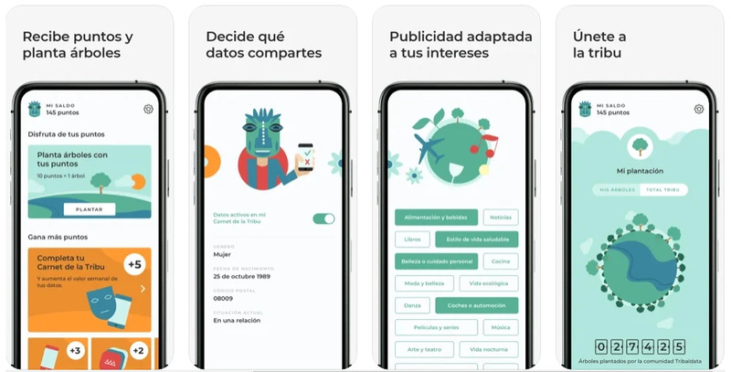 Several Tribaldata app screens displaying app sections: user profile, customised ad interests and planted trees counter