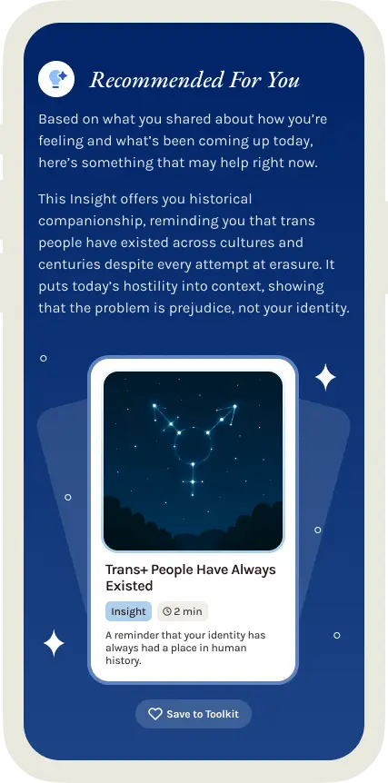 VODA “Recommended For You” screen suggesting the insight “Trans+ People Have Always Existed”