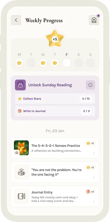 VODA weekly progress screen with collected stars, journal streak and completed practices
